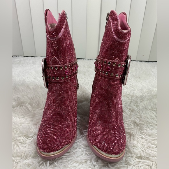 CLUB EXX Pink Sheriff Shine Rhinestone Cowboy Boots Ankle Booties Heeled Size 8 - Picture 2 of 13